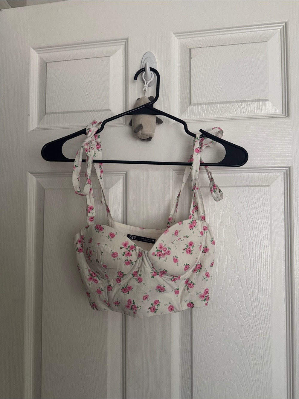 Zara White Pink Floral Tie-Shoulder Bustier Crop Top